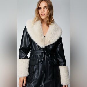 Nasty Gal Faux Fur Trim Faux Leather TrenchCoat Black size XL
